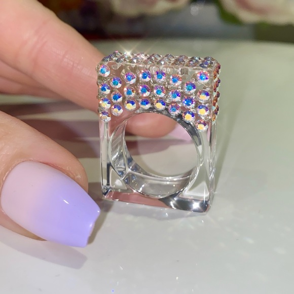Acrylic Statement Ring• Iridescent Aurora Swarovski Crystals • Geometric Ring - Picture 11 of 15